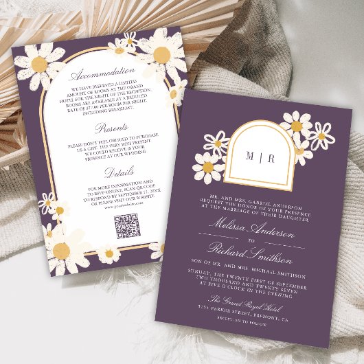 Dusty Purple Retro Yellow Daisy All in One Wedding Einladung