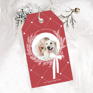 Dusty Red & White Christmas Wreath Foto Geschenkanhänger