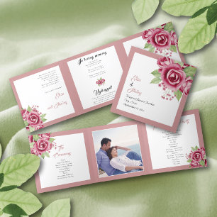 Dusty rosa Aquarell Rose Blume Hochzeit Foto Dreifach-gefaltete Programmkarte