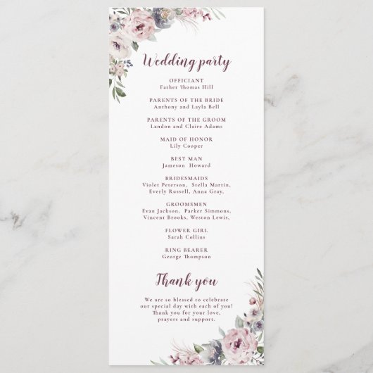 Dusty rosa boho florale rustikale Hochzeitsfeier Menükarte (Rückseite)