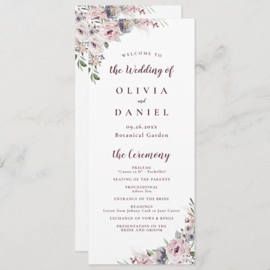 Dusty rosa boho florale rustikale Hochzeitsfeier Menükarte (Vorne/Hinten)