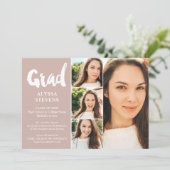 Dusty rosa simple Grad script 4 Foto Abschluss Einladung (Stehend Vorderseite)