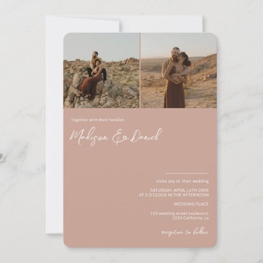 Dusty rosa Skriptnamen 3 Fotos qr Code Hochzeit Einladung (Vorderseite)