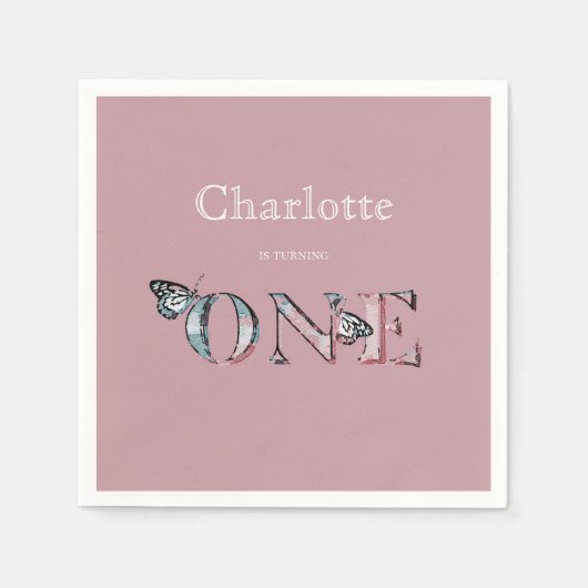 Dusty Rose 1. Geburtstag Eins mit Schmetterlingen Serviette (Vorderseite)