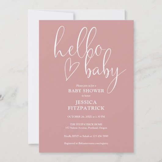 Dusty Rose All In One QR Code Hello Baby Shower Einladung (Vorderseite)