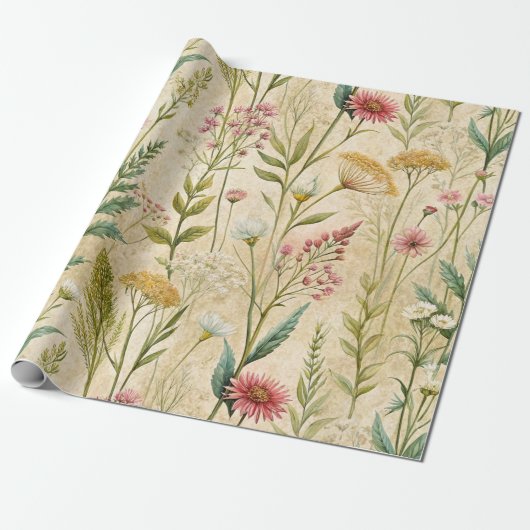 Dusty Rose and Sage Wildflower Botanical Scene Geschenkpapier (Ungerollt)