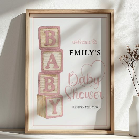 Dusty Rose Baby Blocks Baby Shower Welcome Poster