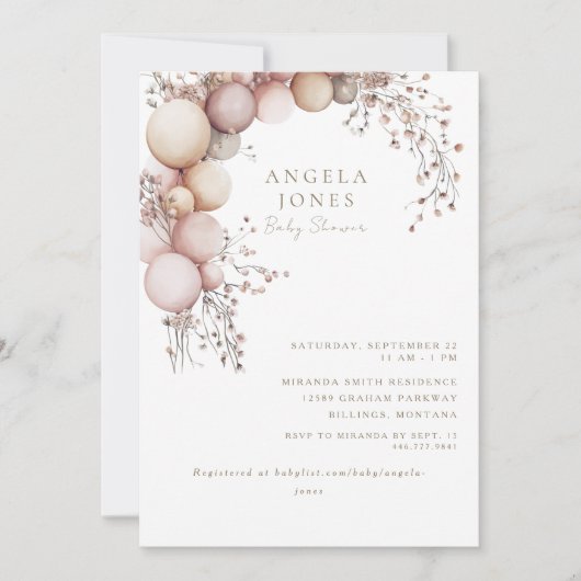 Dusty Rose Balloon Arch Baby Dusche Einladung (Vorderseite)