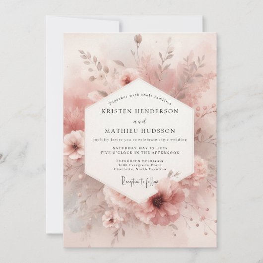 Dusty Rose Bloom Elegance Wedding Einladung (Vorderseite)