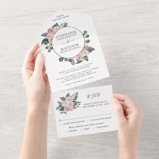 Dusty Rose Bloral Gold Circle Wedding All In One Einladung (Abreißen)