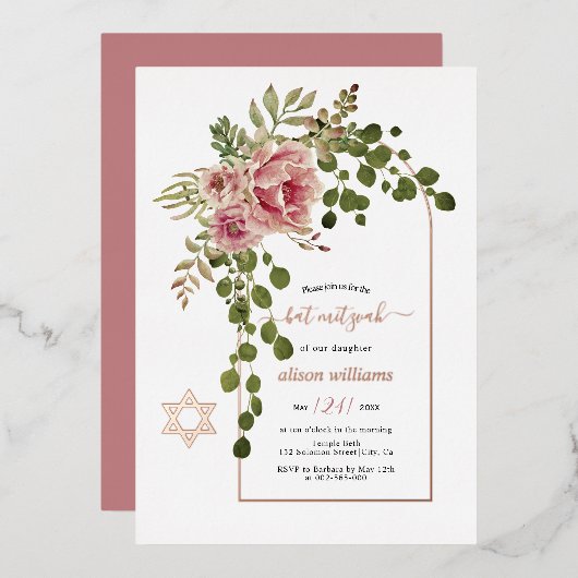 Dusty Rose Blume, Bogen Bat Mitzvah Rose Gold Folieneinladung (Vorderseite/Rückseite)