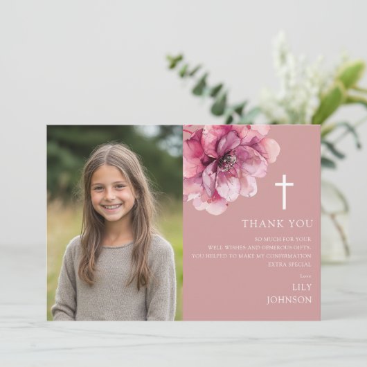 Dusty Rose Blume Foto Bestätigung Dankeskarte (Stehend Vorderseite)