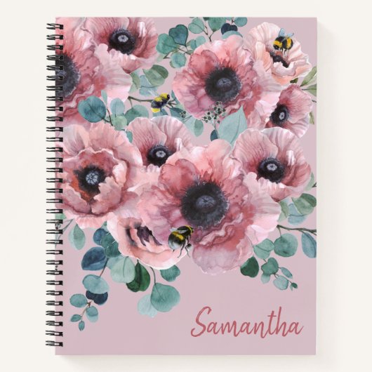 Dusty Rose Blume und Bienen Notebook Notizblock (Vorderseite)