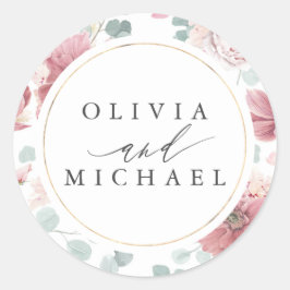 Dusty Rose Blume und Goldrahmen Elegante Hochzeit Runder Aufkleber