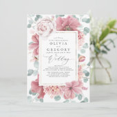 Dusty Rose Blume und Grüne Elegante Hochzeit Einladung (Stehend Vorderseite)