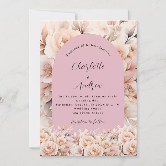 Dusty Rose Blumen Bogen Elegante Hochzeit Einladung (Vorderseite)