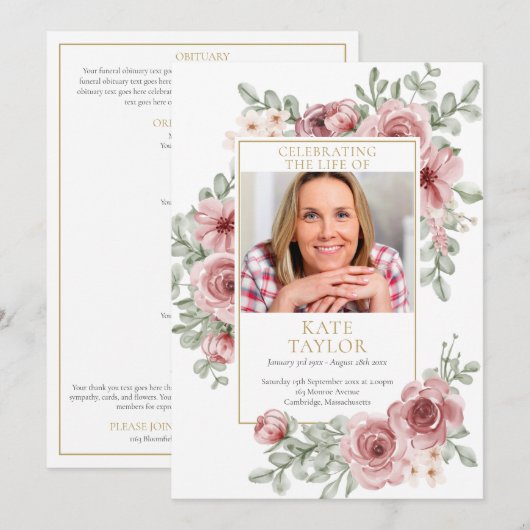 Dusty Rose Blumenbeerdigung Dienstprogramm Einladung (Vorne/Hinten)