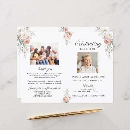 Dusty Rose Blumenbeerdigung Foto Programm (Vorderseite/Rückseite Beispiel)