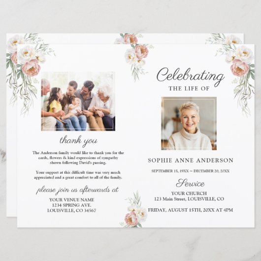 Dusty Rose Blumenbeerdigung Foto Programm (Vorne/Hinten)