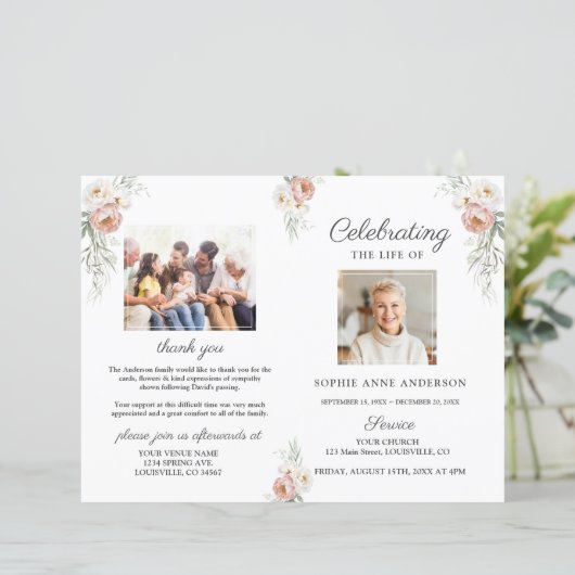 Dusty Rose Blumenbeerdigung Foto Programm (Stehend Vorderseite)