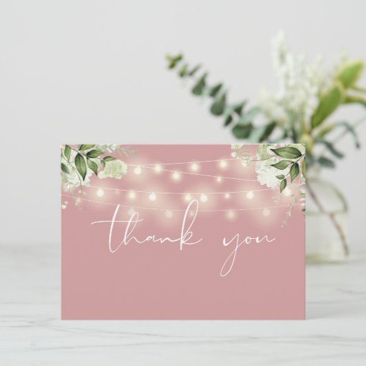 Dusty Rose Blumengrün String Lights Dankeskarte (Stehend Vorderseite)