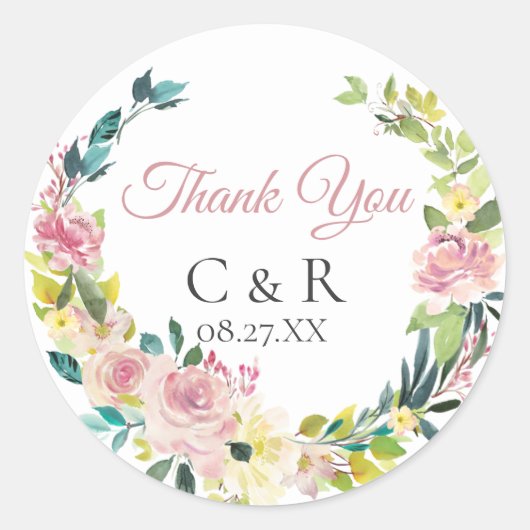 Dusty Rose Blumenreath Personalisierte Hochzeit Runder Aufkleber (Vorderseite)
