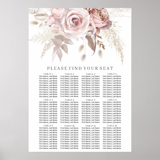 Dusty Rose Blush Bloral Wedding Chart Poster (Vorne)