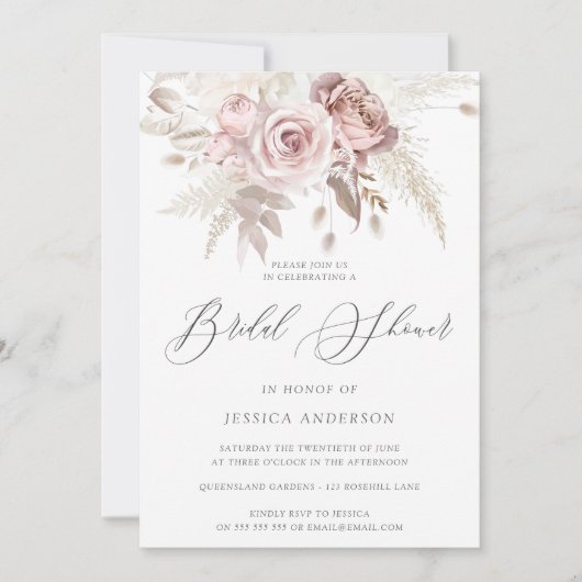 Dusty Rose Blush Boho Elfenbeinflora Brautparty I Einladung (Vorderseite)