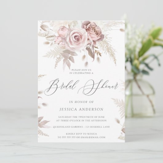 Dusty Rose Blush Boho Pink Brautparty Einladung (Stehend Vorderseite)