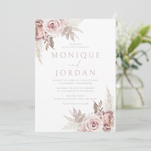 Dusty Rose Blush Boho Wedding Einladung (Stehend Vorderseite)