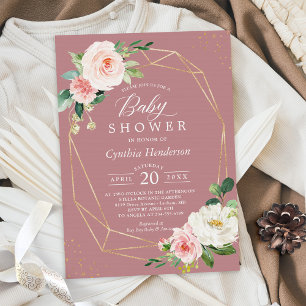 Dusty Rose Blush Floral Gold Geometric Baby Dusche Einladung