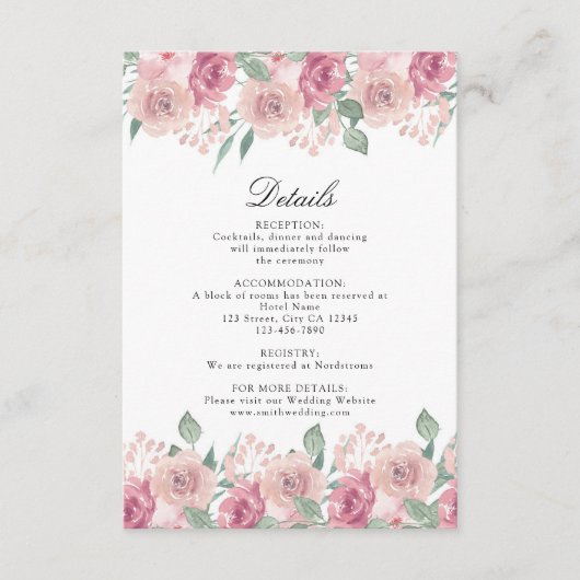 Dusty Rose Blush Floral Hochzeitdetails Begleitkarte (Vorderseite)