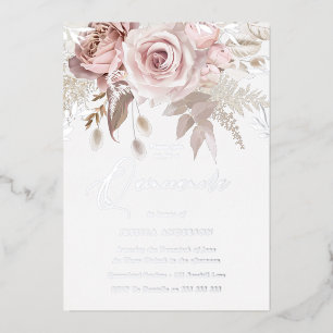 Dusty Rose & Blush Floral Quinceanera Silver Folieneinladung
