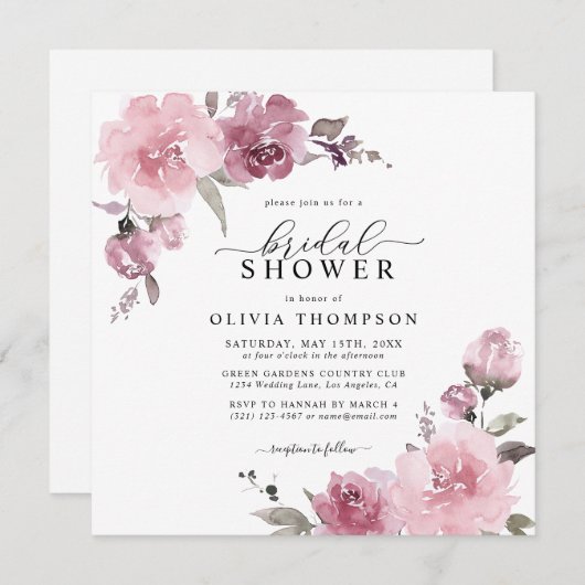 Dusty Rose Blush Mauve Floral Blume Brautparty Einladung (Vorne/Hinten)