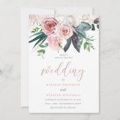 Dusty Rose Blush Pink Bloral Hochzeit Einladung (Vorderseite)