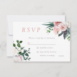 Dusty Rose Blush Pink Bloral Wedding RSVP Karte