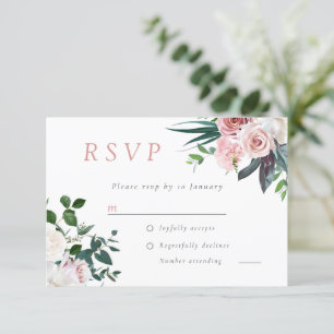 Dusty Rose Blush Pink Bloral Wedding RSVP Karte