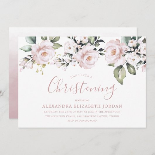 Dusty Rose Blush Pink Blume Christening Taufe Einladung (Vorne/Hinten)