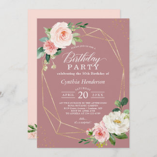 Dusty Rose Blush Pink Floral Geburtstagsparty Einladung
