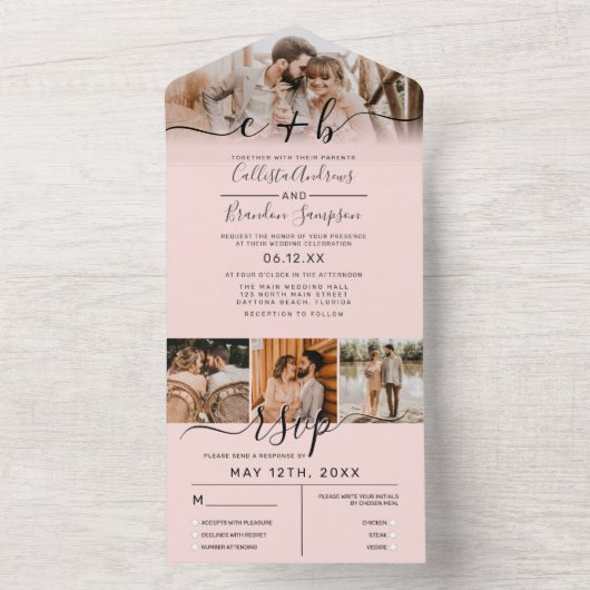 Dusty Rose Blush Pink Foto Monogram Wedding RSVP All In One Einladung (Innen Boden)