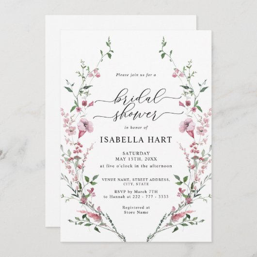 Dusty Rose Blush Pink Wild Blume Brautparty Einladung (Vorne/Hinten)