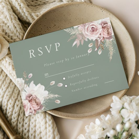 Dusty Rose Blush & Sage Floral Wedding All Event RSVP Karte