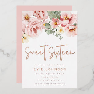 Dusty Rose Blütensüß 16 Party Rose Gold Folieneinladung