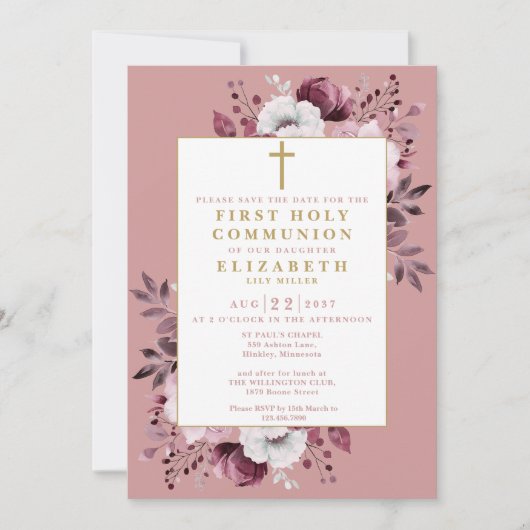 Dusty Rose Boho Floral Erste Heilige Kommune Save The Date (Vorderseite)