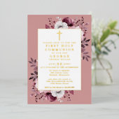 Dusty Rose Boho Floral First Holy Communion Gold Folieneinladung (Stehend vorne)