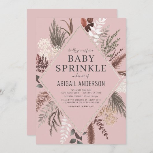 Dusty Rose Boho Floral Pampas Grass Baby Sprinkle Einladung (Vorne/Hinten)