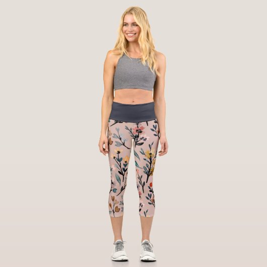 Dusty Rose Boho Floral Watercolor Capri Leggings (Vorderseite)