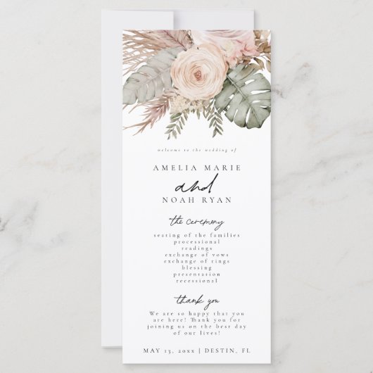 Dusty Rose Boho Pampas Grass Zeremonie Programm (Vorderseite)