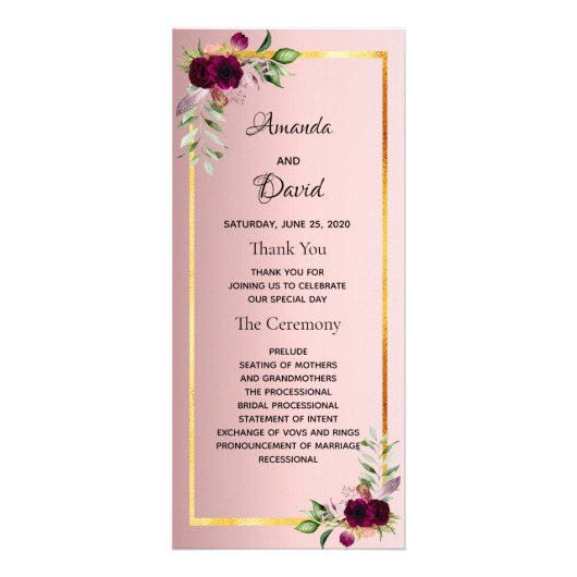 Dusty Rose Bordeaux Florals Hochzeitsprogramm Werbekarte (Vorne)
