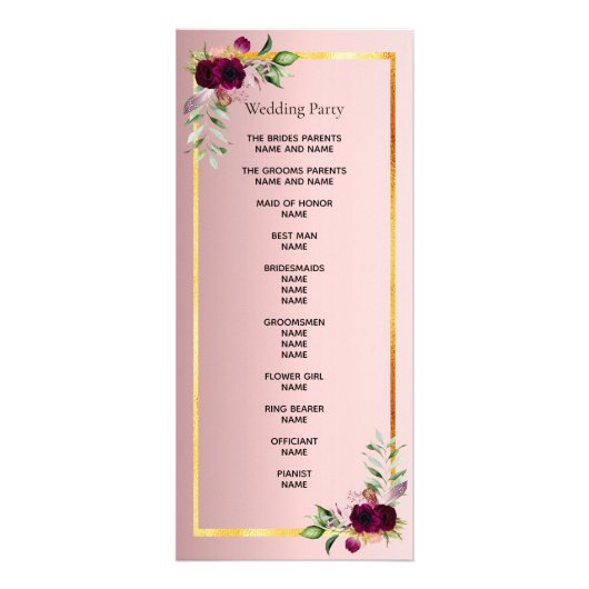 Dusty Rose Bordeaux Florals Hochzeitsprogramm Werbekarte (Hinten)